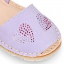 Lilac soft leather girl Menorquina sandals with rear strap and HEARTS design.