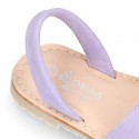 Lilac soft leather girl Menorquina sandals with rear strap and HEARTS design.