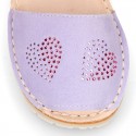 Lilac soft leather girl Menorquina sandals with rear strap and HEARTS design.