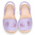 Lilac soft leather girl Menorquina sandals with rear strap and HEARTS design.