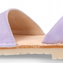 Lilac soft leather girl Menorquina sandals with rear strap and HEARTS design.