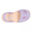 Lilac soft leather girl Menorquina sandals with rear strap and HEARTS design.