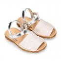 SHINY LINEN Canvas Girl Menorquina sandals with hook and loop strap closure.