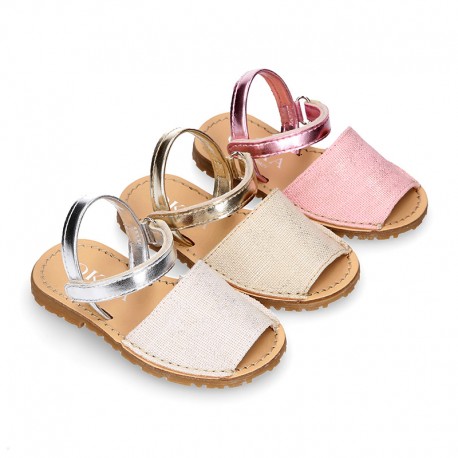 SHINY LINEN Canvas Girl Menorquina sandals with hook and loop strap closure.