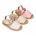 SHINY LINEN Canvas Girl Menorquina sandals with hook and loop strap closure.