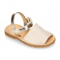 SHINY LINEN Canvas Girl Menorquina sandals with hook and loop strap closure.