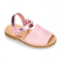 SHINY LINEN Canvas Girl Menorquina sandals with hook and loop strap closure.