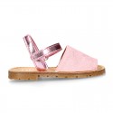 SHINY LINEN Canvas Girl Menorquina sandals with hook and loop strap closure.