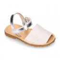 SHINY LINEN Canvas Girl Menorquina sandals with hook and loop strap closure.