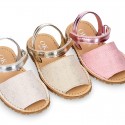 SHINY LINEN Canvas Girl Menorquina sandals with hook and loop strap closure.