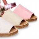 SHINY LINEN Canvas Girl Menorquina sandals with hook and loop strap closure.