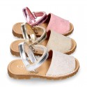 SHINY LINEN Canvas Girl Menorquina sandals with hook and loop strap closure.