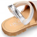 SHINY LINEN Canvas Girl Menorquina sandals with hook and loop strap closure.