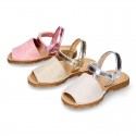 SHINY LINEN Canvas Girl Menorquina sandals with hook and loop strap closure.