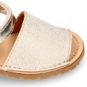 SHINY LINEN Canvas Girl Menorquina sandals with hook and loop strap closure.