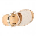 SHINY LINEN Canvas Girl Menorquina sandals with hook and loop strap closure.