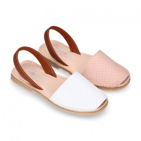 Combined nappa leather Girl Menorquina sandal shoes with rear strap.