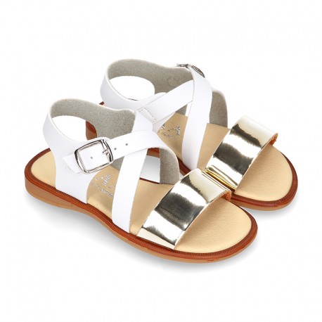 GOLD Shiny leather girl sandal shoes combined with white nappa leather.