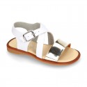 GOLD Shiny leather girl sandal shoes combined with white nappa leather.