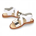 GOLD Shiny leather girl sandal shoes combined with white nappa leather.