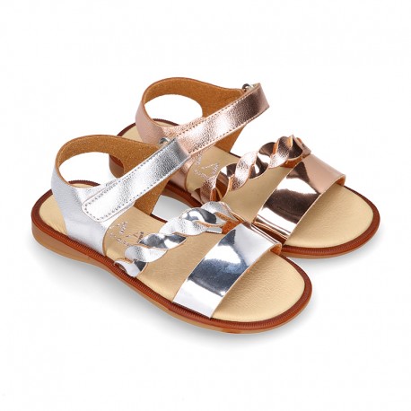 Laminated leather girl sandal shoes with BRAIDED design.