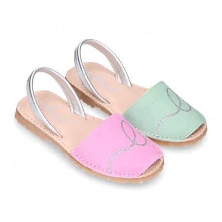 Soft leather girl Menorquina sandals with rear strap and LETTERS design.