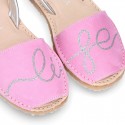 Soft leather girl Menorquina sandals with rear strap and LETTERS design.