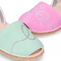 Soft leather girl Menorquina sandals with rear strap and LETTERS design.