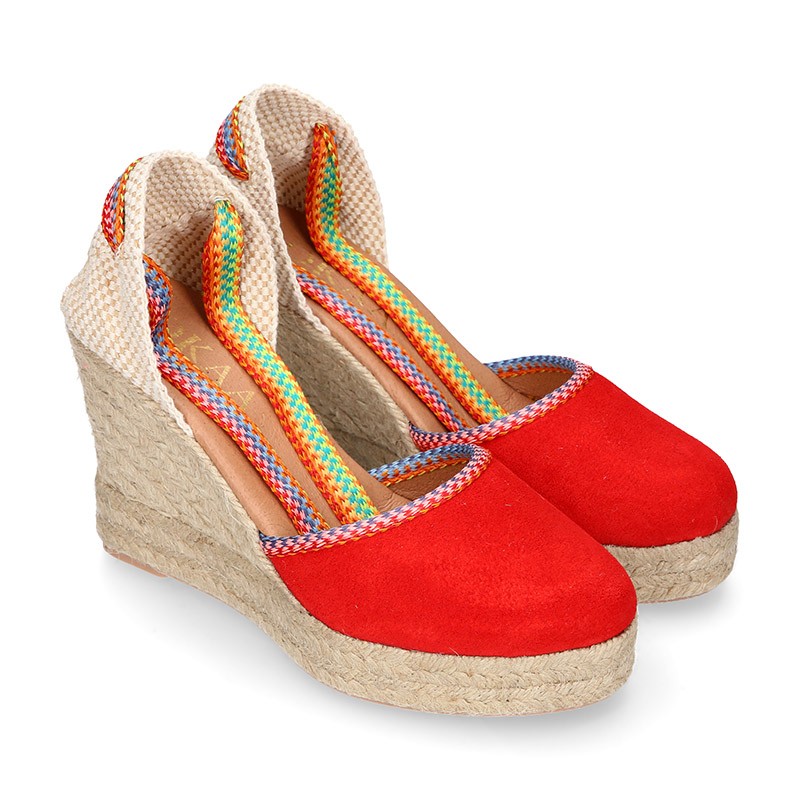 Suede leather women wedge espadrille shoes with MULTICOLORED RIBBONS. PN001 OkaaSpain