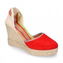 Suede leather women wedge espadrille shoes with MULTICOLORED RIBBONS.