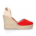 Suede leather women wedge espadrille shoes with MULTICOLORED RIBBONS.