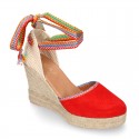 Suede leather women wedge espadrille shoes with MULTICOLORED RIBBONS.