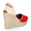 Suede leather women wedge espadrille shoes with MULTICOLORED RIBBONS.