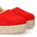 Suede leather women wedge espadrille shoes with MULTICOLORED RIBBONS.