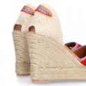 Suede leather women wedge espadrille shoes with MULTICOLORED RIBBONS.