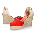 Suede leather women wedge espadrille shoes with MULTICOLORED RIBBONS.