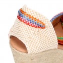 Suede leather women wedge espadrille shoes with MULTICOLORED RIBBONS.