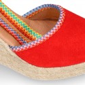 Suede leather women wedge espadrille shoes with MULTICOLORED RIBBONS.