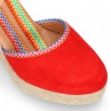 Suede leather women wedge espadrille shoes with MULTICOLORED RIBBONS.