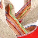 Suede leather women wedge espadrille shoes with MULTICOLORED RIBBONS.