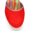 Suede leather women wedge espadrille shoes with MULTICOLORED RIBBONS.