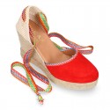 Suede leather women wedge espadrille shoes with MULTICOLORED RIBBONS.