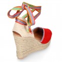 Suede leather women wedge espadrille shoes with MULTICOLORED RIBBONS.