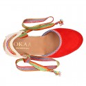 Suede leather women wedge espadrille shoes with MULTICOLORED RIBBONS.