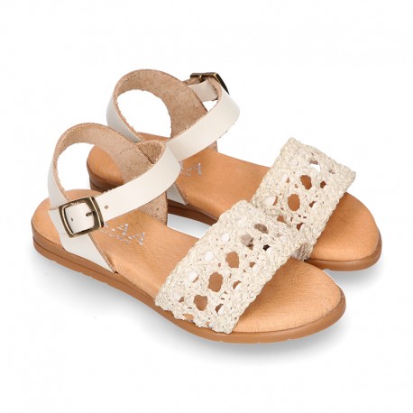 Nappa leather girl sandal shoes with RAFFIA design.