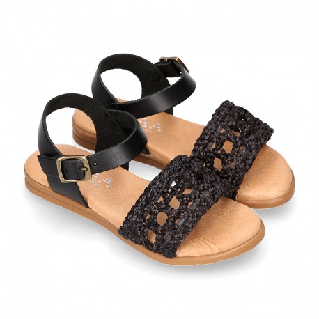 BLACK Nappa leather girl sandal shoes with RAFFIA design.