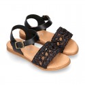 BLACK Nappa leather girl sandal shoes with RAFFIA design.