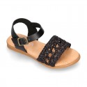 BLACK Nappa leather girl sandal shoes with RAFFIA design.