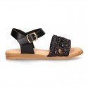 BLACK Nappa leather girl sandal shoes with RAFFIA design.