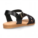 BLACK Nappa leather girl sandal shoes with RAFFIA design.